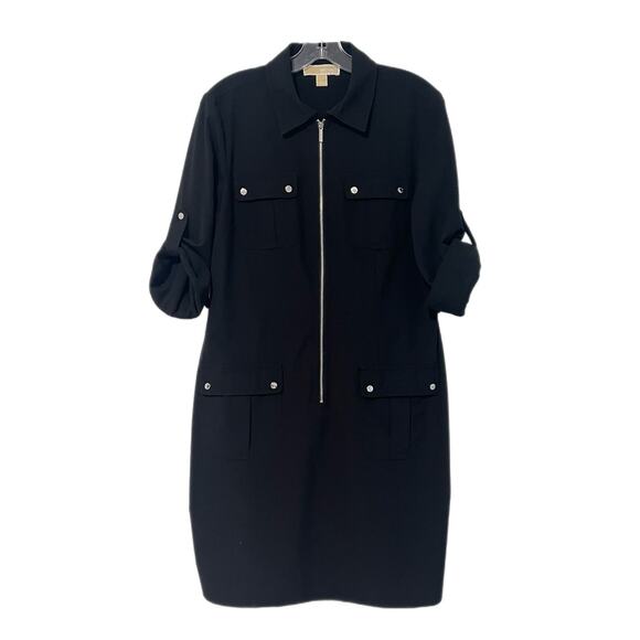 Michael Kors Utility Shirt Dress Women's Size L Black Zip Front Roll Tab Sleeves - Picture 1 of 15